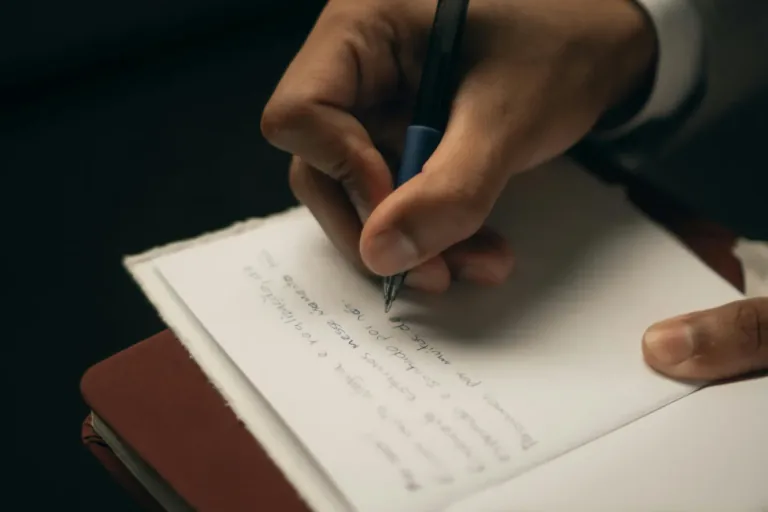 Hands writing notes in a notebook with a pen
